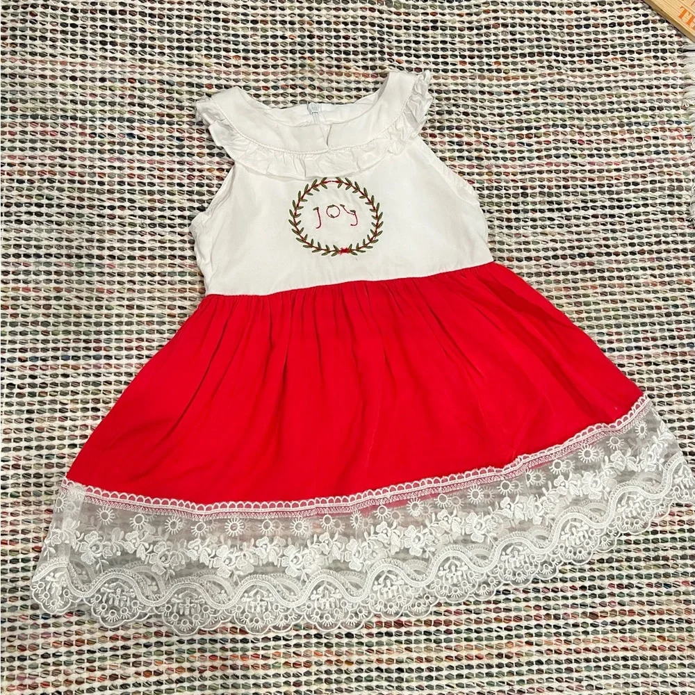 Bug A Boutique Joy Wreath Embroidered Christmas Lace Red & White Dress Sz 18‎ Mo